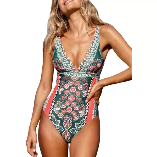 imageCUPSHE Womens One Piece Swimsuit Deep V Neck Wide Straps Bathing Suit Back Self Tie Lace UpGreenOrangeFloral