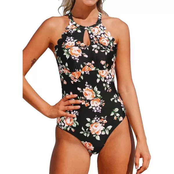 imageCUPSHE Womens One Piece Swimsuit Floral Print High Neck Scallop Bathing SuitBlack Floral
