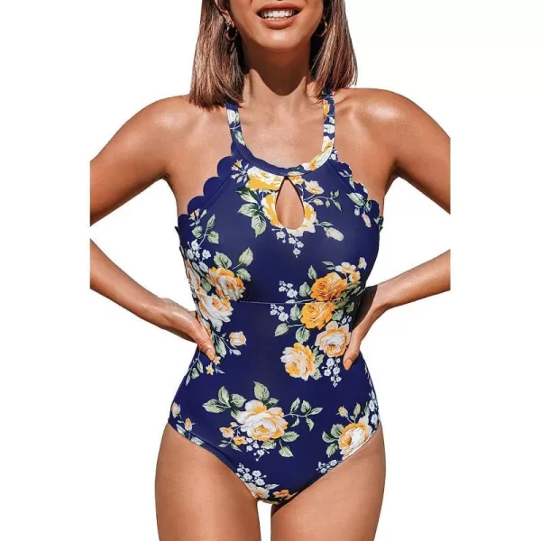 imageCUPSHE Womens One Piece Swimsuit Floral Print High Neck Scallop Bathing SuitDeep Blue