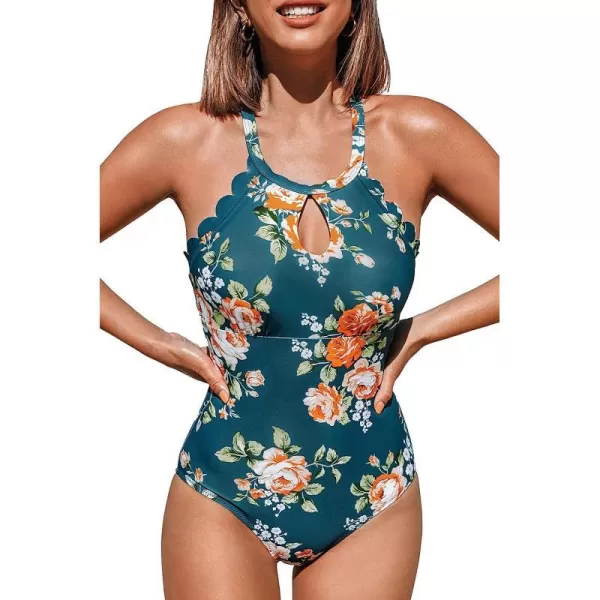 imageCUPSHE Womens One Piece Swimsuit Floral Print High Neck Scallop Bathing SuitTeal
