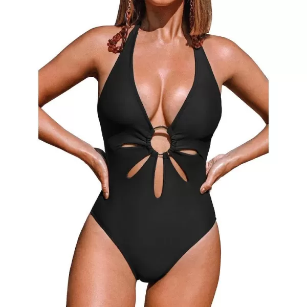 imageCUPSHE Womens One Piece Swimsuit Green Halter V Neck Cutout Bathing SuitBlack