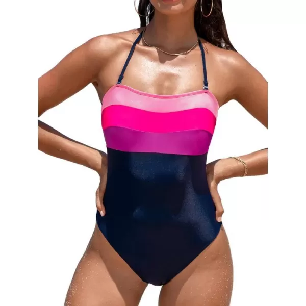 imageCUPSHE Womens One Piece Swimsuit Halter Back Self Tie Square Neck Color Block Removable StrapsNavy BlueMagenta
