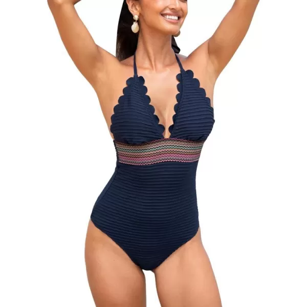 imageCUPSHE Womens One Piece Swimsuit Halter Back Tie Scalloped V Neck Textured Contrast StitchingNavy Blue