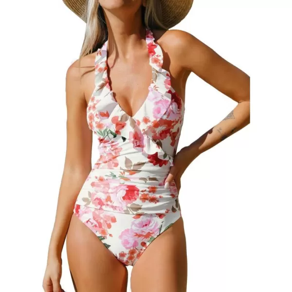 imageCUPSHE Womens One Piece Swimsuit Halter Bathing Suit Ruffle Plunging Neck Tummy Control Back TieWhite Floral