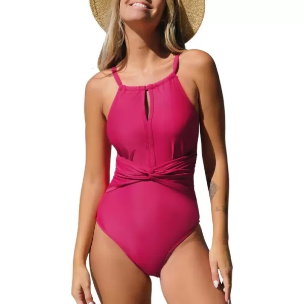 imageCUPSHE Womens One Piece Swimsuit High Neck Bathing Suit Front Twist Keyhole Cutout Ruched Spaghetti StrapsRaspberry Pink