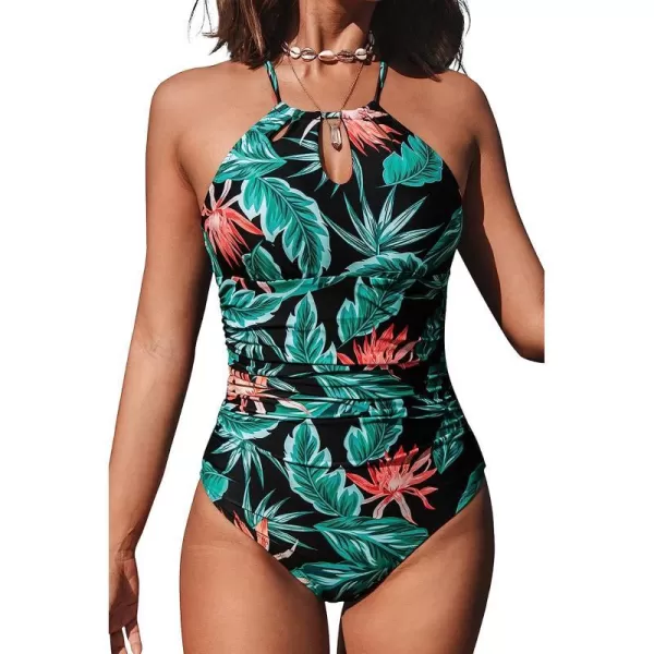 imageCUPSHE Womens One Piece Swimsuit High Neck Tummy Control Swimwear Bathing SuitGreen Leaf