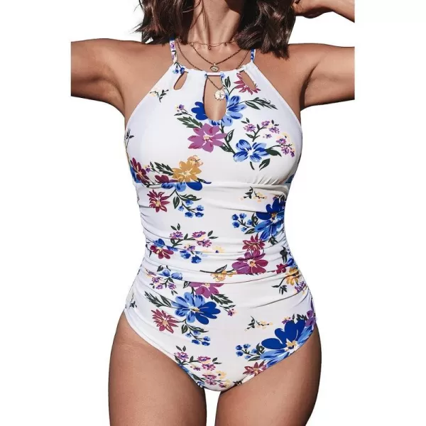 imageCUPSHE Womens One Piece Swimsuit High Neck Tummy Control Swimwear Bathing SuitWhite Floral
