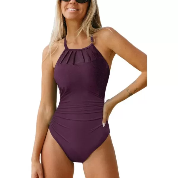 imageCUPSHE Womens One Piece Swimsuit Mesh Bathing Suit Ruched High Neck Swimwear Adjustable StrapsBurgundy