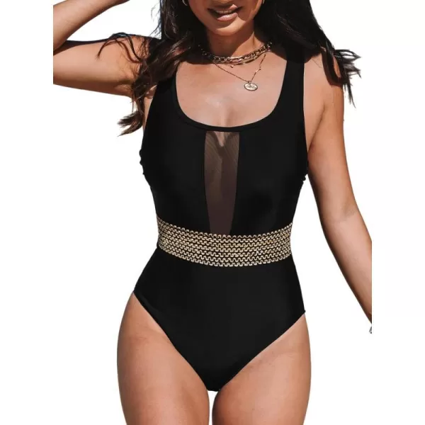 imageCUPSHE Womens One Piece Swimsuit Mesh Tummy Control Slimming Bathing Suit Back Crisscross SwimwearBlack