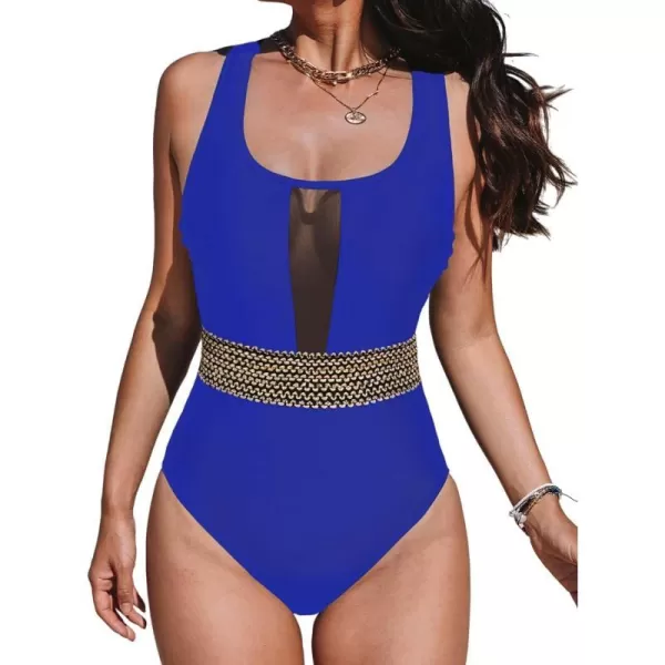 imageCUPSHE Womens One Piece Swimsuit Mesh Tummy Control Slimming Bathing Suit Back Crisscross SwimwearRoyal Blue