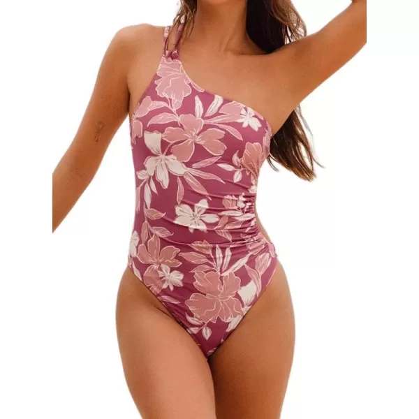 imageCUPSHE Womens One Piece Swimsuit One Shoulder Cutout Ruched Floral SwimwearPink and Floral