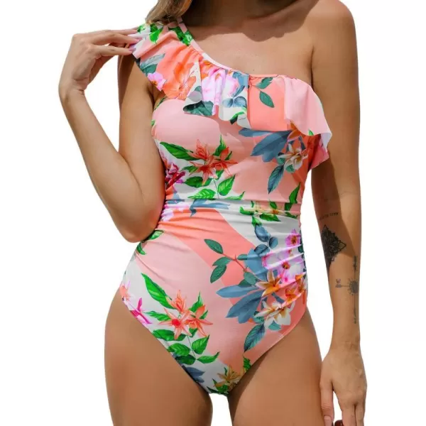 imageCUPSHE Womens One Piece Swimsuit One Shoulder Ruffle Bathing Suit Ruched Crisscross Back Tie Adjustable StrapsPeachy PinkFloral