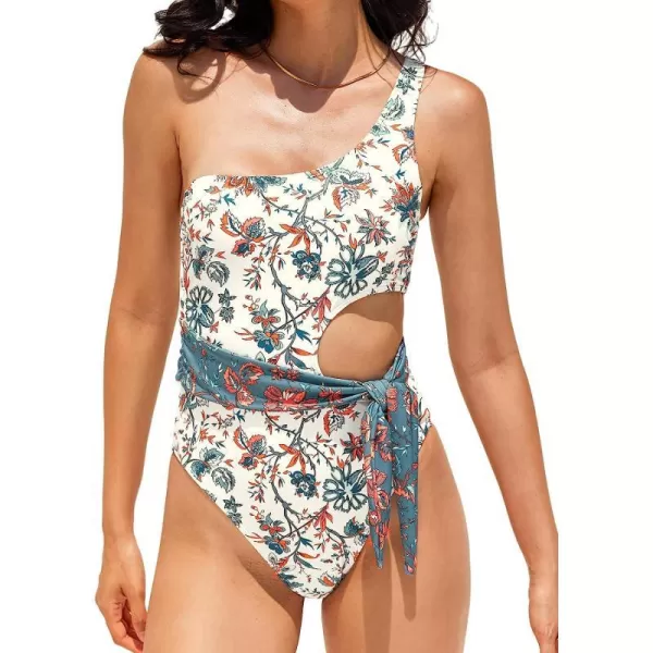 imageCUPSHE Womens One Piece Swimsuit One Shoulder Side Cutout Belted Self Tie High Cut SwimwearPaisleyBoho