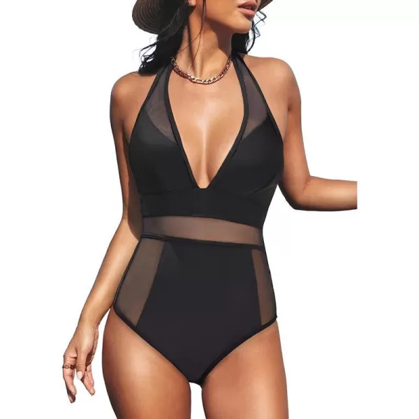 imageCUPSHE Womens One Piece Swimsuit Plunge Neck Mesh Halter Back Tie SwimwearBlack