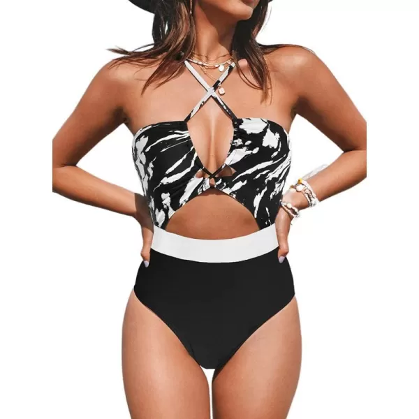 imageCUPSHE Womens One Piece Swimsuit Plunge Neckline Cutout Criss Cross Bathing SuitBlack White Abstract Print