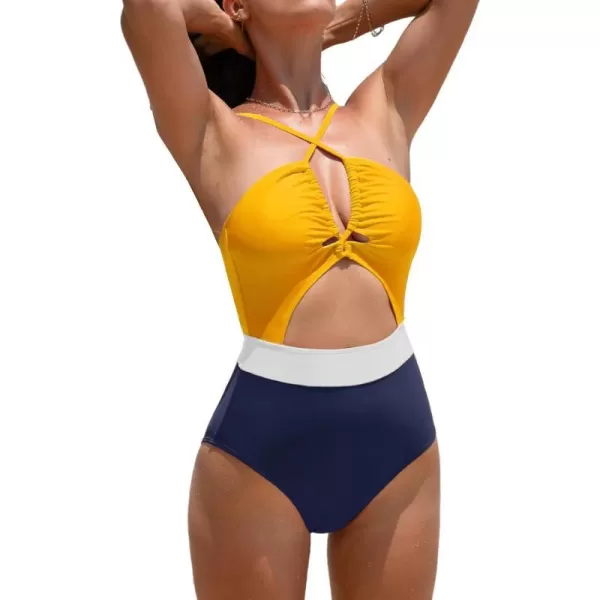 imageCUPSHE Womens One Piece Swimsuit Plunge Neckline Cutout Criss Cross Bathing SuitYellowNavy Blue