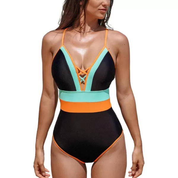 imageCUPSHE Womens One Piece Swimsuit Plunging V Neck Bathing Suit Color Block Spaghetti Straps Crisscross Back TieBlackMint Green
