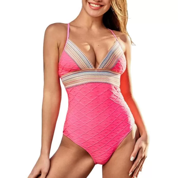imageCUPSHE Womens One Piece Swimsuit Plunging V Neck Bathing Suit Crisscross Back Tie O Ring Color BlockFlamingo Pink
