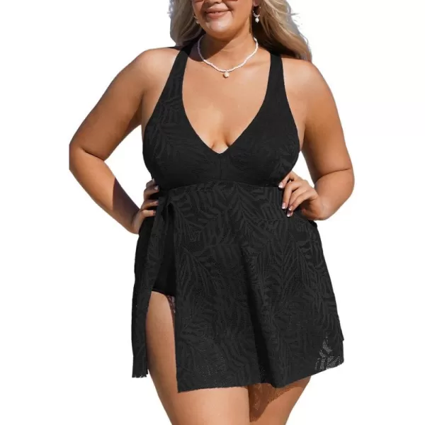 imageCUPSHE Womens One Piece Swimsuit Plus Size Bathing Suit Cross Back Mesh Hollow Out Split Swim Dress Leaf TextureBlack