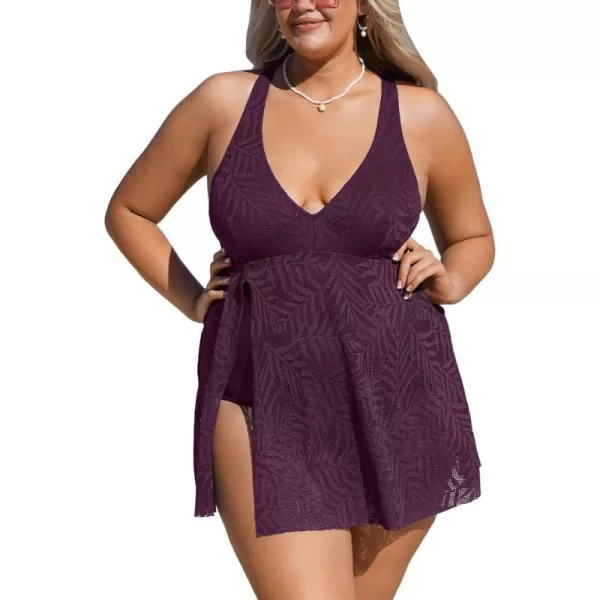imageCUPSHE Womens One Piece Swimsuit Plus Size Bathing Suit Cross Back Mesh Hollow Out Split Swim Dress Leaf TextureBlackberry Wine