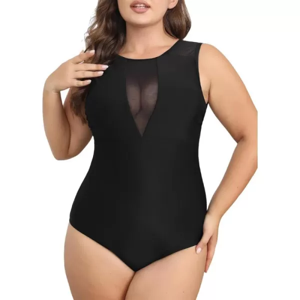imageCUPSHE Womens One Piece Swimsuit Plus Size Bathing Suit Mesh Crew Neck Swimwear Back TieBlack
