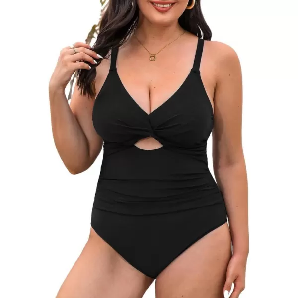 imageCUPSHE Womens One Piece Swimsuit Plus Size Bathing Suit Twist Front Cutout Ruched Back Tie SwimwearBlack