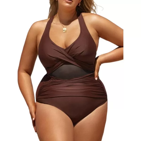 imageCUPSHE Womens One Piece Swimsuit Plus Size Mesh Criss Cross Back TieBurgandy Red