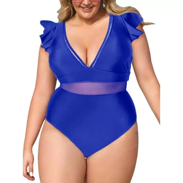 imageCUPSHE Womens One Piece Swimsuit Plus Size V Neck Ruffle Mesh Bathing SuitCerulean Blue