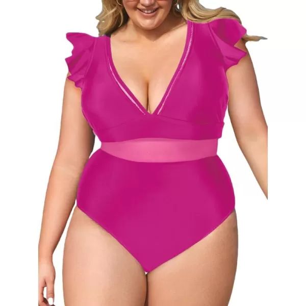 imageCUPSHE Womens One Piece Swimsuit Plus Size V Neck Ruffle Mesh Bathing SuitPink