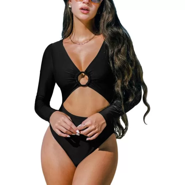 imageCUPSHE Womens One Piece Swimsuit Rash Guard Long Sleeve Cutout UPF 50 UV Deep V Neck ORingBlack