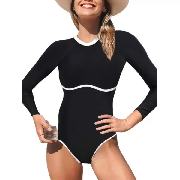 imageCUPSHE Womens One Piece Swimsuit Rash Guard Long Sleeve UPF 50 UV Round High Neck Zipper Back Color BlockBlackWhite