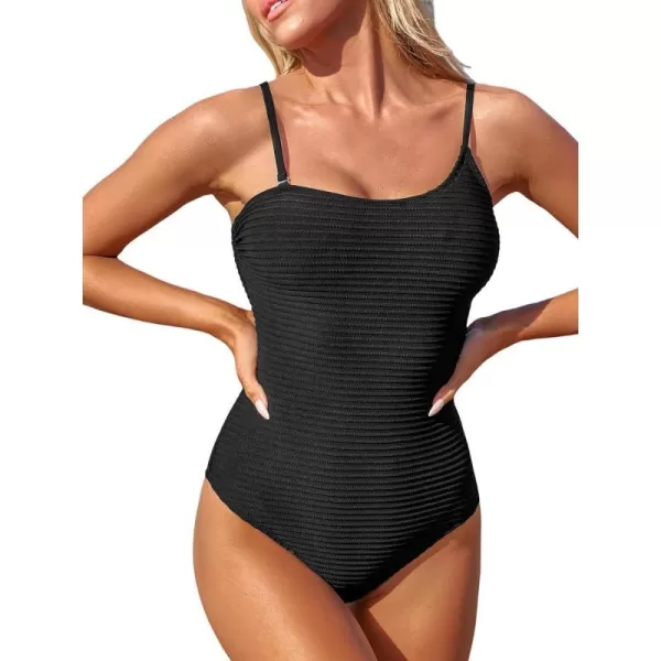 imageCUPSHE Womens One Piece Swimsuit Ribbed Asymmetrical Neck Removable Adjustable Straps Cheeky Bathing SuitBlack
