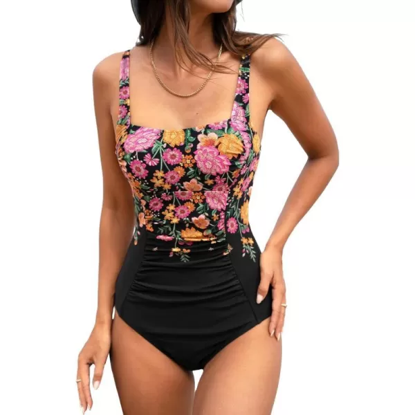 imageCUPSHE Womens One Piece Swimsuit Ruched Bathing Suit Square Neck Vintage Adjustable StrapsBlackFloral