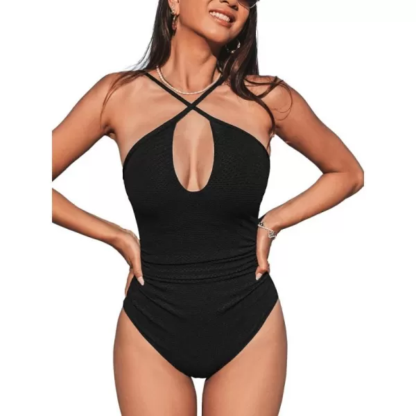 imageCUPSHE Womens One Piece Swimsuit Ruched Tummy Control Bathing Suit Front Crisscross Back Self TieBlack