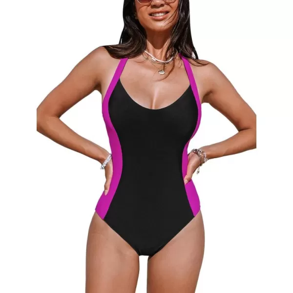 imageCUPSHE Womens One Piece Swimsuit Scoop Neck Adjustable Straps Crisscross Back Color Block SlimmingBlack Magenta