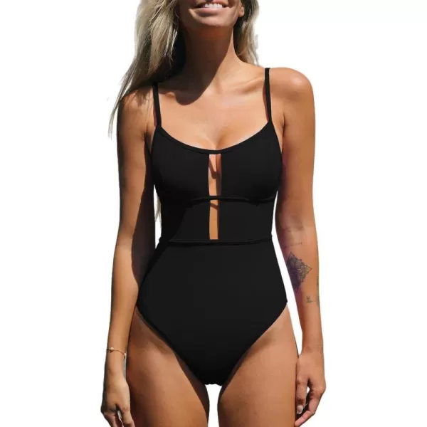 imageCUPSHE Womens One Piece Swimsuit Scoop Neck Adjustable Straps Cutout Back Self Tie Bathing SuitBlack