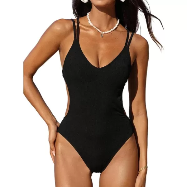 imageCUPSHE Womens One Piece Swimsuit Scoop Neck Back Strappy Lace up Double Straps Bathing SuitBlack