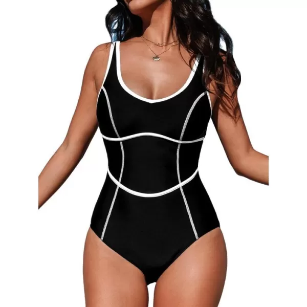 imageCUPSHE Womens One Piece Swimsuit Scoop Neck Bathing Suit Color Block Adjustable Wide StrapsBlackWhite