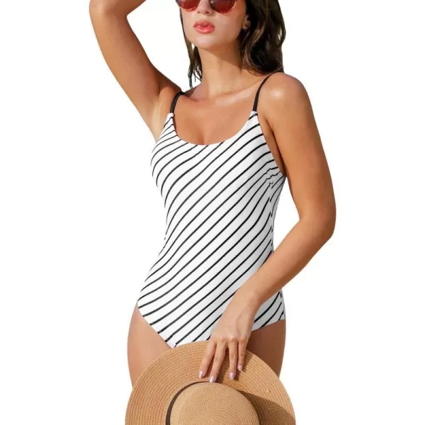 imageCUPSHE Womens One Piece Swimsuit Scoop Neck Bathing Suit Spaghetti Adjustable Straps StripeWhiteStripe