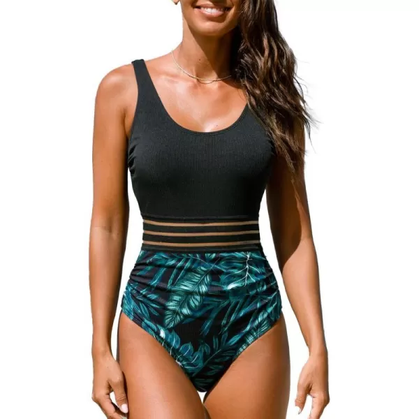 imageCUPSHE Womens One Piece Swimsuit Scoop Neck U Back Textured Wide Straps Ruched Bathing SuitBlackGreen Tropical