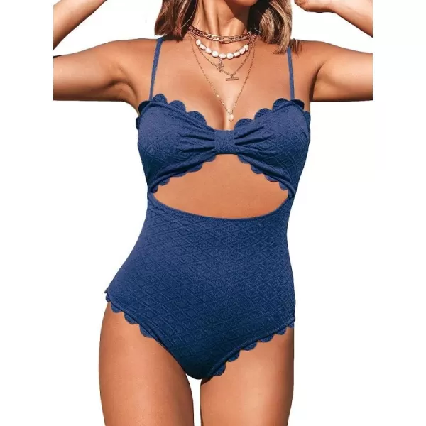 imageCUPSHE Womens One Piece Swimsuit Sexy Black Cutout Scallop Trim Bathing SuitDark Blue