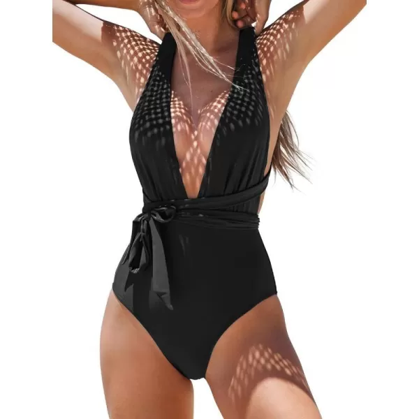 imageCUPSHE Womens One Piece Swimsuit Sexy Deep V Neck Bathing Suit Crisscross Back Self TieBlack