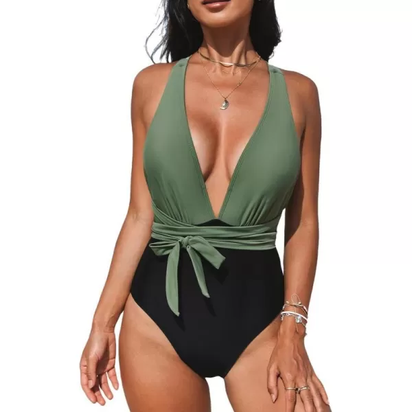 imageCUPSHE Womens One Piece Swimsuit Sexy Deep V Neck Bathing Suit Crisscross Back Self TieGreenBlack