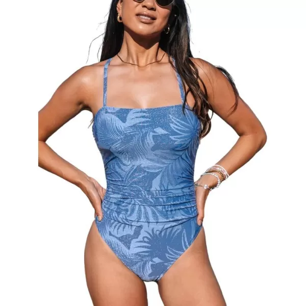 imageCUPSHE Womens One Piece Swimsuit Square Neck Tummy Control Back Tie Shining ORingBlue Tropical