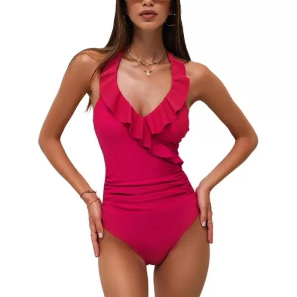 imageCUPSHE Womens One Piece Swimsuit Tummy Comtrol Bathing Suit Halter Ruffled Ruched Slimming SwimwearAvailable in PlusRed