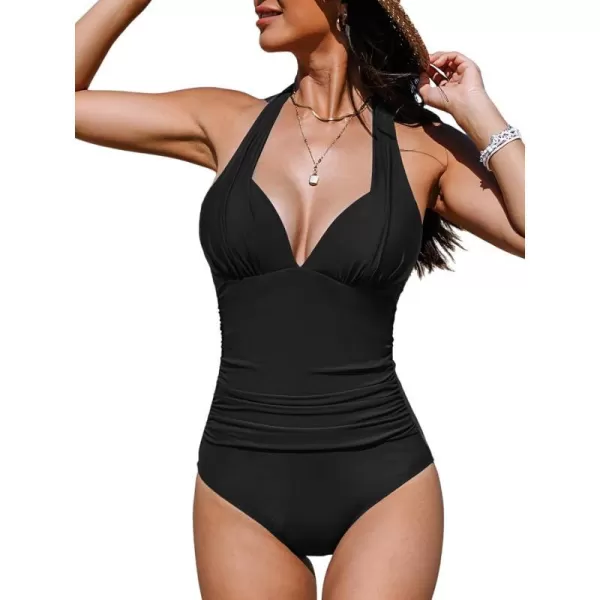 imageCUPSHE Womens One Piece Swimsuit Tummy Control Bathing Suit Halter Deep V Neck Sculpting Ruching Adjustable StrapsBlack