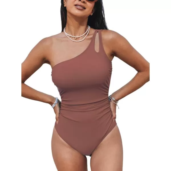 imageCUPSHE Womens One Piece Swimsuit Tummy Control Bathing Suit One Shoulder Cutout Slimming SwimwearBrownish