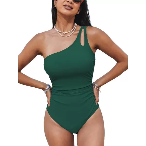 imageCUPSHE Womens One Piece Swimsuit Tummy Control Bathing Suit One Shoulder Cutout Slimming SwimwearDark Green