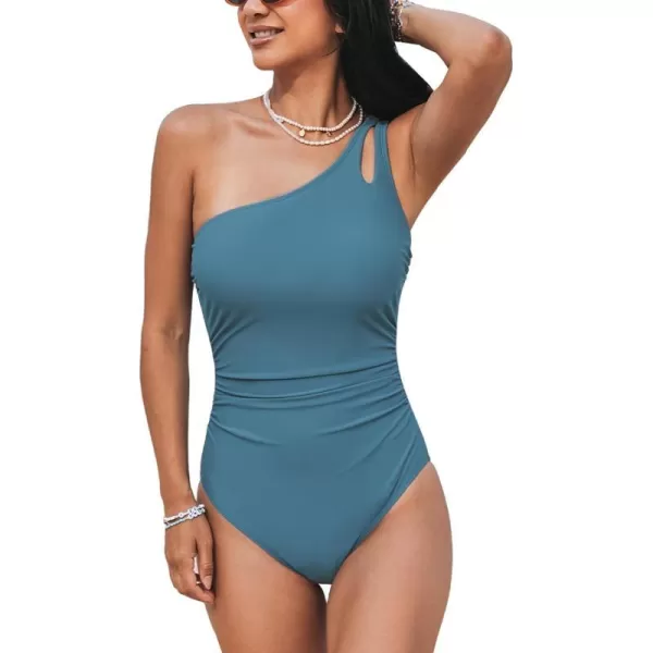 imageCUPSHE Womens One Piece Swimsuit Tummy Control Bathing Suit One Shoulder Cutout Slimming SwimwearSteel Blue