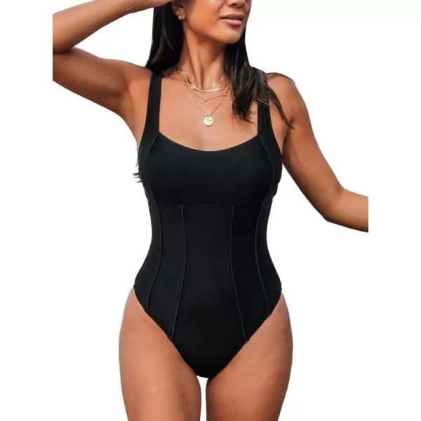imageCUPSHE Womens One Piece Swimsuit Tummy Control Bathing Suit Scoop Neck Sculpting Slim SwimwearBlack